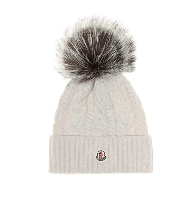 Shop Moncler Fur-trimmed Wool Beanie In White