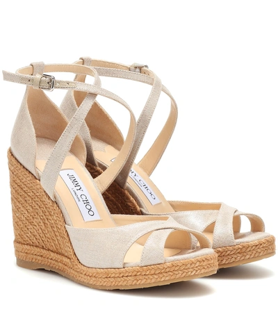 Shop Jimmy Choo Alanah 105 Metallic Wedge Sandals In Beige