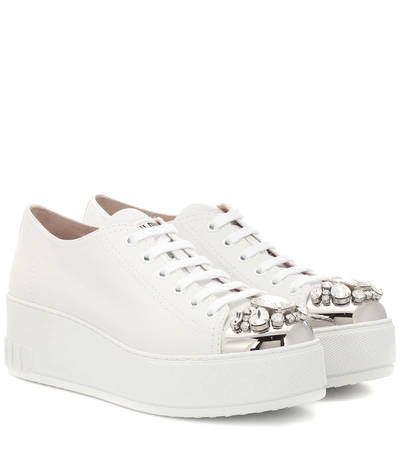 Shop Miu Miu Embellished Leather Sneakers In White