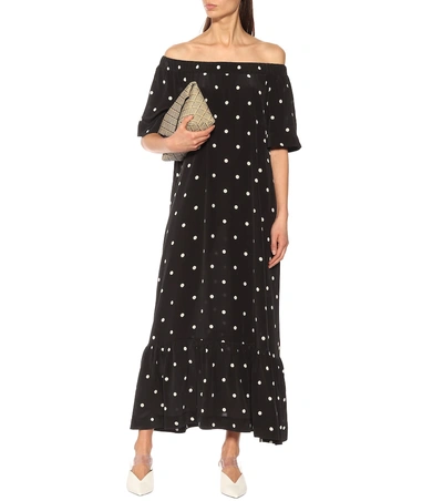 Polka Dot Off the shoulder Silk Dress In Black