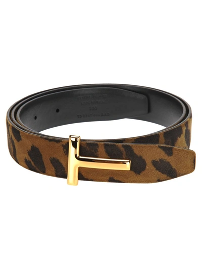 Shop Tom Ford T Buckle Belt In Leopard + Black