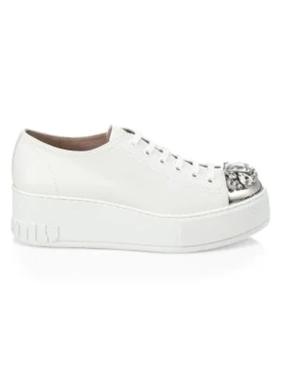 Shop Miu Miu Jewelled Cap-toe Leather Platform Sneakers In White