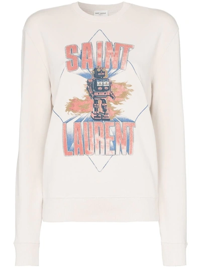Shop Saint Laurent Graphic Logo Print Cotton Jumper - Neutrals