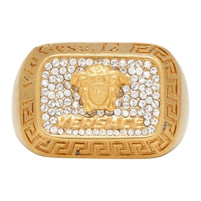 Shop Versace Gold Crystal Square Medusa Ring In Kcot Gold