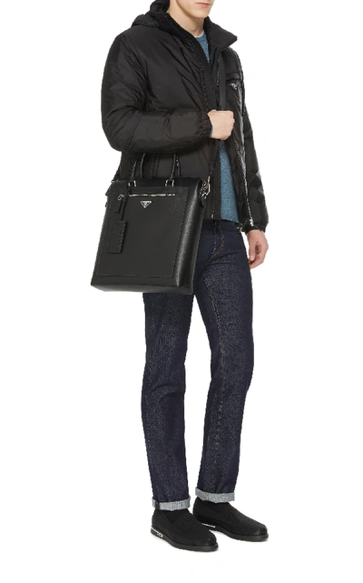 Shop Prada Black Leather Tote With External Zip Pocket