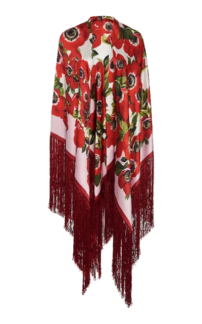 Shop Dolce & Gabbana Floral-print Fringed Silk Shawl In Red