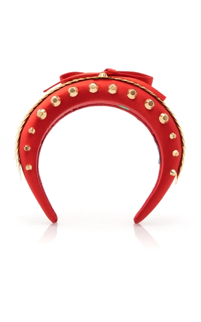 Shop Prada Bow-detailed Embellished Satin Headband In Red