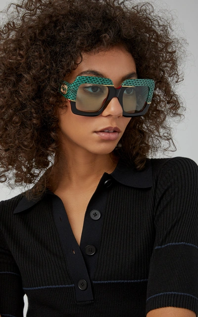 Shop Gucci Square-frame Snakeskin And Acetate Sunglasses In Green