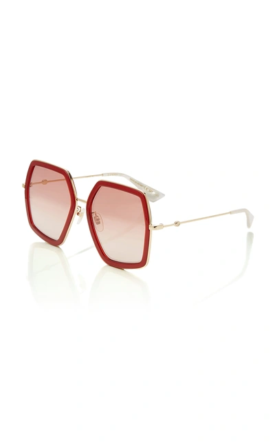 Shop Gucci Hexagon-frame Metal Sunglasses In Red