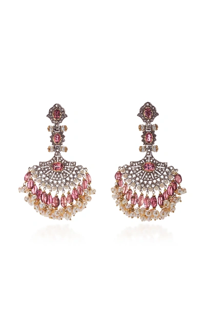 Shop Sanjay Kasliwal 14k Gold Indorussian Multi-stone Fan Earrings In Pink