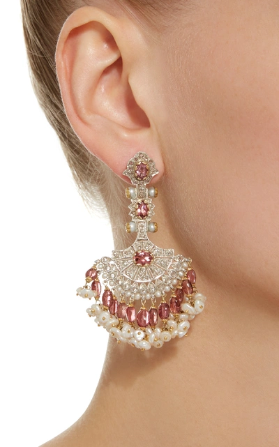 Shop Sanjay Kasliwal 14k Gold Indorussian Multi-stone Fan Earrings In Pink