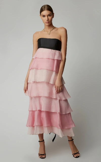 Shop Carolina Herrera Tie-back Tiered Ruffle Silk-organza Midi Dress In Pink