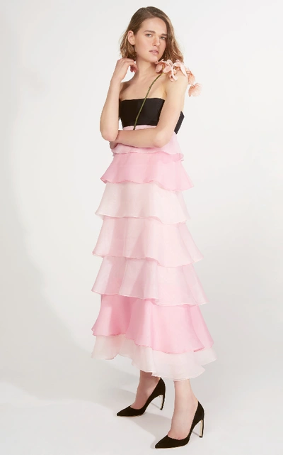 Shop Carolina Herrera Tie-back Tiered Ruffle Silk-organza Midi Dress In Pink