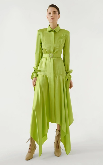 Shop Materiel Drop Waist Silk Dress In Green