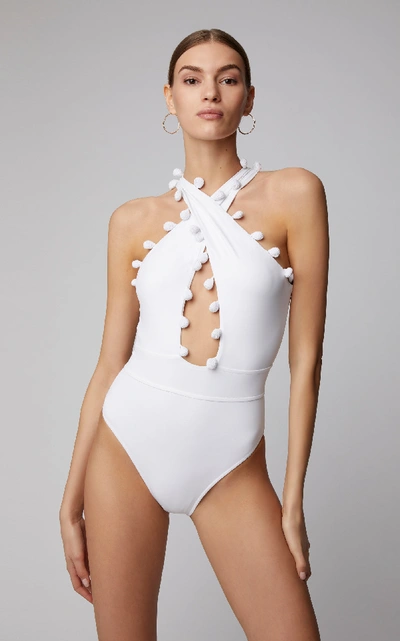Shop Oscar De La Renta Pompom-embellished Swimsuit In White