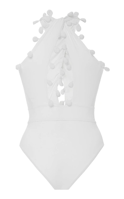 Shop Oscar De La Renta Pompom-embellished Swimsuit In White