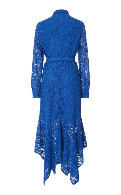Shop Ganni Belted Asymmetric Lace Dress In Blue