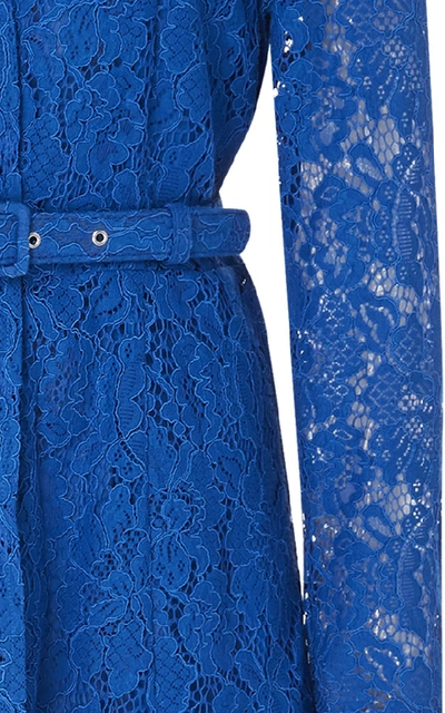 Shop Ganni Belted Asymmetric Lace Dress In Blue