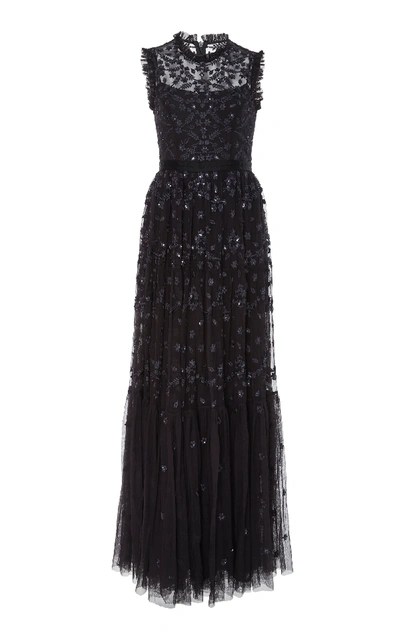 Shop Needle & Thread Clover Floral-embroidered Tulle Gown In Black