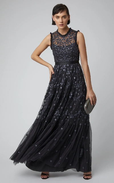 Shop Needle & Thread Clover Floral-embroidered Tulle Gown In Black