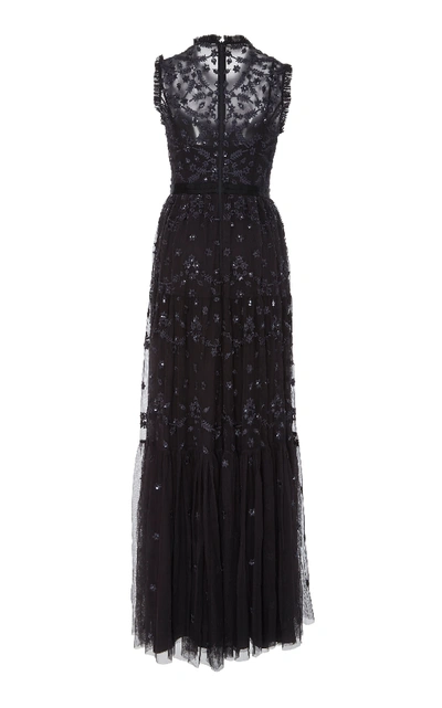 Shop Needle & Thread Clover Floral-embroidered Tulle Gown In Black