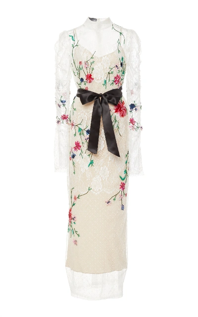 Shop Monique Lhuillier Floral-embroidered Silk Lace Midi Dress In White