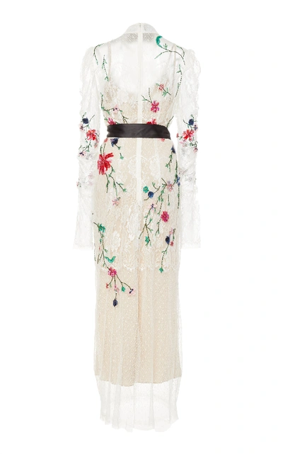 Shop Monique Lhuillier Floral-embroidered Silk Lace Midi Dress In White