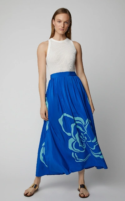 Shop Jaline Amy Pleated High-rise Silk Maxi Skirt In Blue