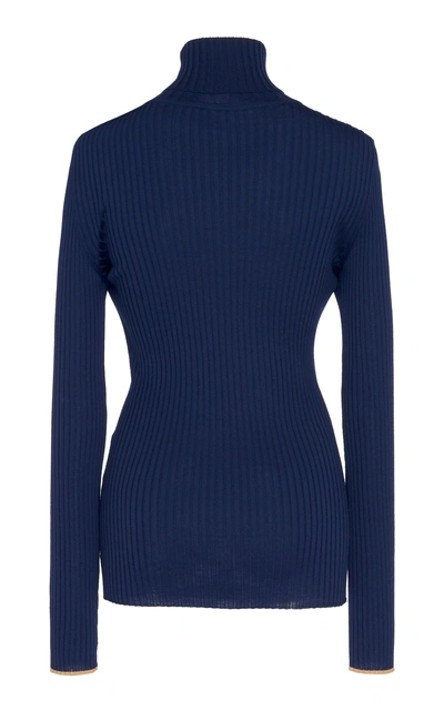 Shop Victoria Beckham Merino Wool Slim Fit Rib Knit Sweater In Navy