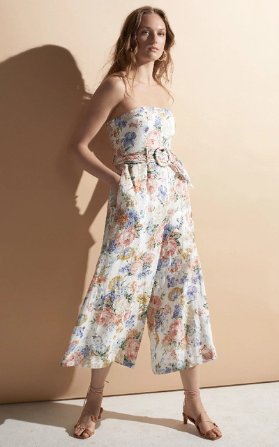 Shop Zimmermann Bowie Strapless Linen Jumpsuit In Floral