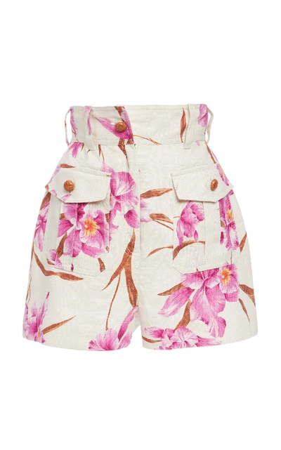 Shop Zimmermann Corsage Belted Printed Linen Shorts In Floral