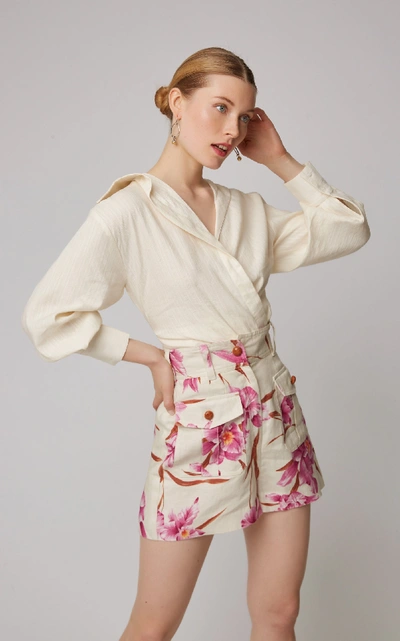 Shop Zimmermann Corsage Belted Printed Linen Shorts In Floral