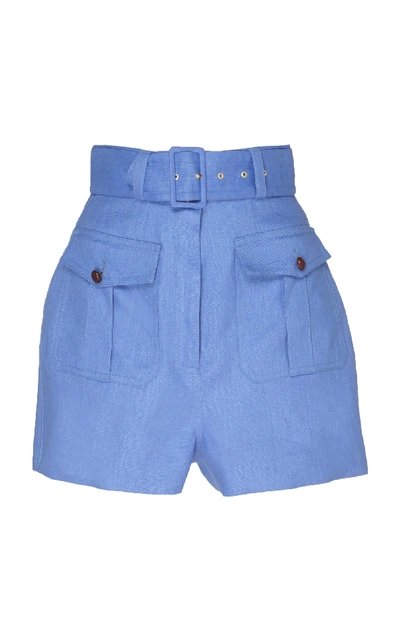 Shop Zimmermann Corsage Belted Printed Linen Shorts In Blue