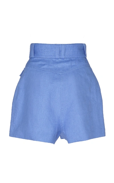 Shop Zimmermann Corsage Belted Printed Linen Shorts In Blue