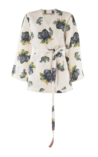 Shop Lake Studio Belted Floral-print Silk-blend Top