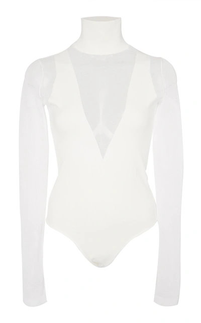 Shop Zeynep Arcay Mesh-paneled Stretch-knit Turtleneck Bodysuit In White