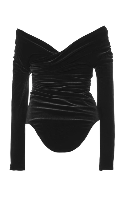 Shop Alexandre Vauthier Off-shoulder Velvet Bodysuit In Black