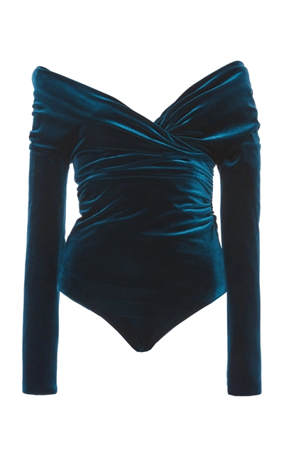 Shop Alexandre Vauthier Off-shoulder Velvet Bodysuit In Blue