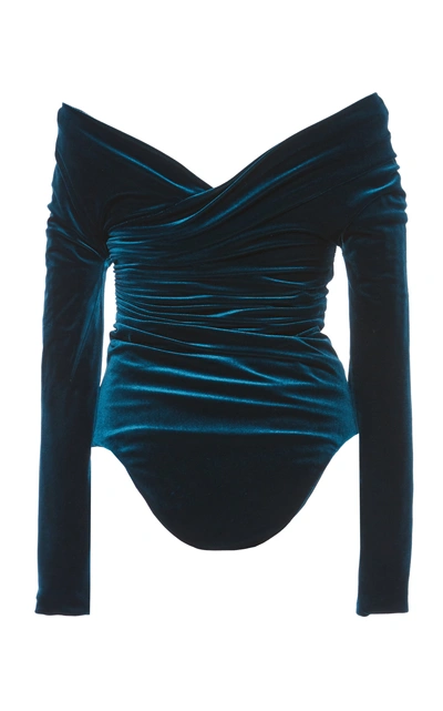 Shop Alexandre Vauthier Off-shoulder Velvet Bodysuit In Blue