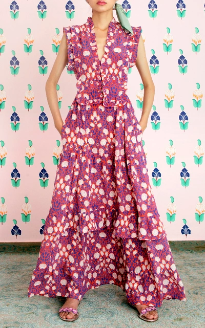 Shop Banjanan Cordelia Ruffled Floral Silk-crepe Maxi Dress In Multi