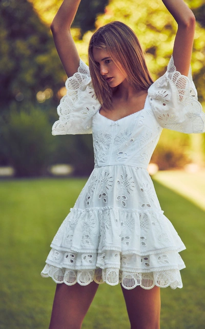 Shop Alexis Afonsa Tiered Broderie Anglaise Cotton-blend Mini Dress In White
