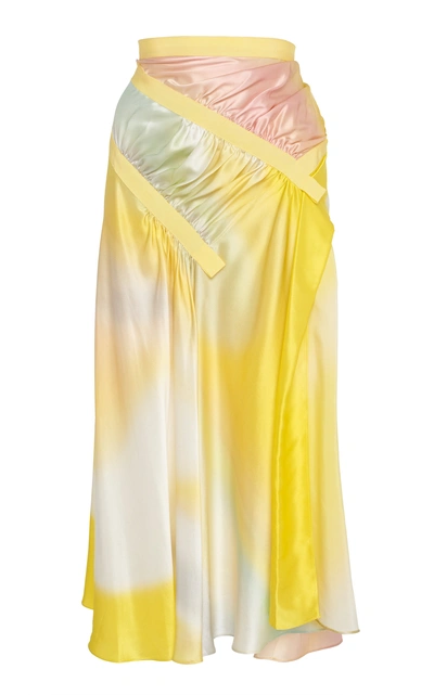 Shop Christopher Esber Ruched Grosgrain-trimmed Silk-satin Midi Skirt In Yellow