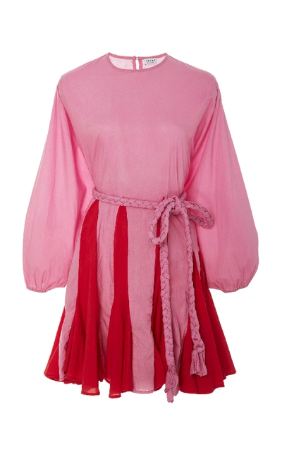 Shop Rhode Ella Belted Pleated Cotton Mini Dress In Pink