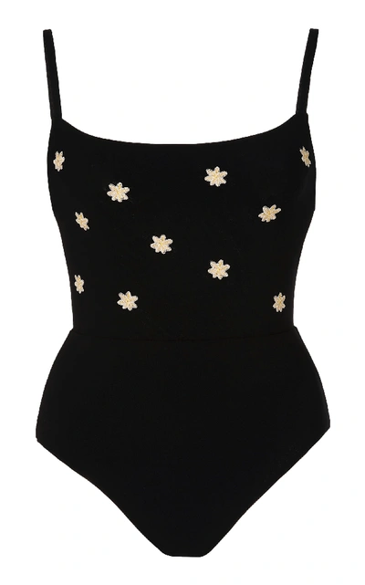 Shop Anemone Floral-embroidered Swimsuit In Black