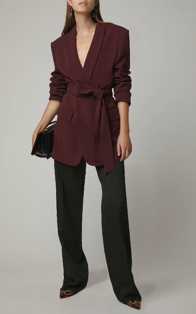 Shop Tibi Oversized Belted Crepe Blazer In Burgundy