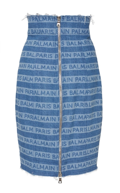 Shop Balmain Frayed Logo-printed Denim Skirt In Blue