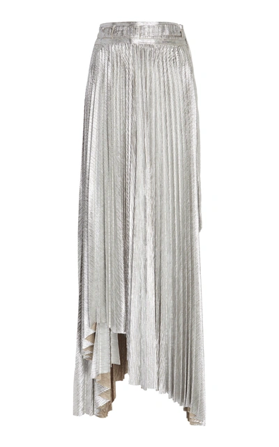 Shop A.w.a.k.e. Metallic Asymmetric Plissé Maxi Skirt In Silver