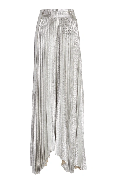 Shop A.w.a.k.e. Metallic Asymmetric Plissé Maxi Skirt In Silver