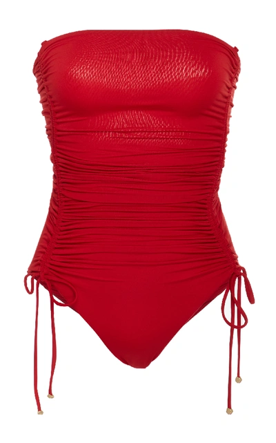 Shop Stella Mccartney Ruched Strapless Swimsuit In Red