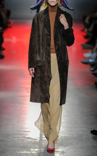 Shop Prada Suede Coat In Brown